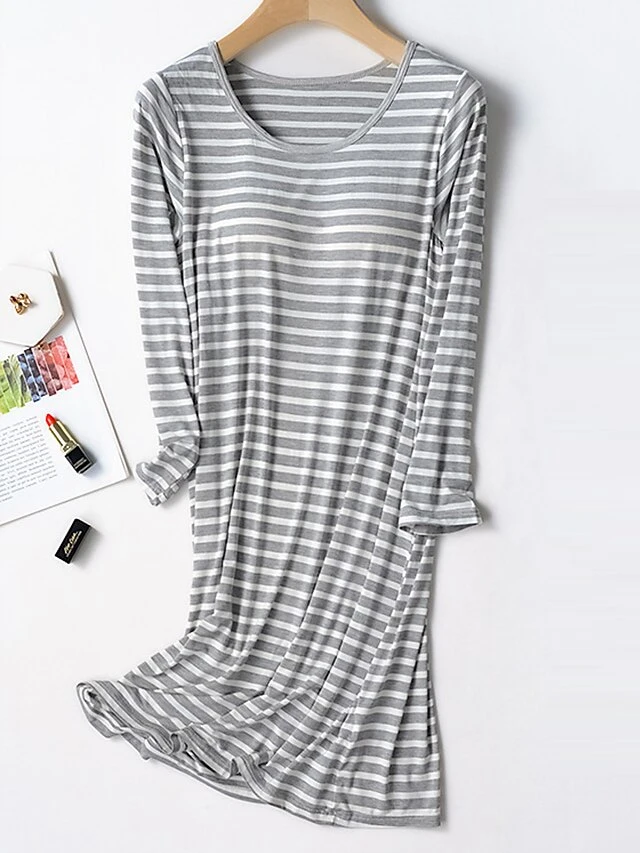 Women's Striped Modal Nightgown With Chest Pads Nightshirt Dress Simple Casual Comfort Home Daily Bed Modal Breathable Crew Neck Long Sleeve Fall Winter Black Pink 10 Women's Striped Modal Nightgown With Chest Pads Nightshirt Dress Simple Casual Comfort Home Daily Bed Modal Breathable Crew Neck Long Sleeve Fall Winter Black Pink - Image 8