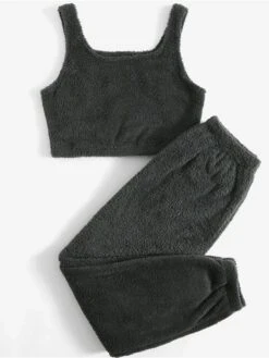 Women's Solid Plush Tank Top And Pants Lounge Sets Casual Comfort Soft Home Street Daily Polyester Breathable Elastic Waist Fall Winter Black White -Ladies Pajamas Store aaoseb1688541585239