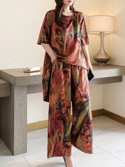 Women's Loungewear Sets Flower Fashion Casual Comfort Street Daily Date Polyester Breathable Crew Neck Short Sleeve T Shirt Tee Pant Pocket Summer Spring Light Green Red -Ladies Pajamas Store abhbbs1684410516428