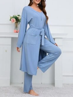 Women's Pajamas Sets 3 Pieces Pure Color Fashion Plush Casual Home Daily Bed Linen Breathable Crew Neck Long Sleeve Robe Top Pant Pocket Fall Winter Black Blue 20 Women's Pajamas Sets 3 Pieces Pure Color Fashion Plush Casual Home Daily Bed Linen Breathable Crew Neck Long Sleeve Robe Top Pant Pocket Fall Winter Black Blue -Ladies Pajamas Store accbol1694417595769