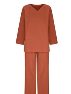 Women's Plus Size Loungewear Sets 2 Pieces Pure Color Fashion Casual Comfort Street Daily Date Cotton Breathable V Wire Long Sleeve Pant Summer Fall Yellow Pink -Ladies Pajamas Store adnhpo1689326428257