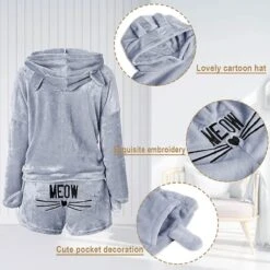 Women's Loungewear Sweatsuit Sets 2 Pieces Animal Cat Warm Plush Comfort Home Street Daily Fleece Hoodie Long Sleeve Hoodie Shorts Elastic Waist Fall Winter Pink Navy Blue -Ladies Pajamas Store adrwgx1663746164320