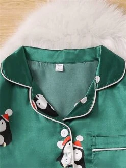 Women's Christmas Pajamas Sets Animal Penguin Simple Casual Comfort Home Bed Satin Breathable Lapel Long Sleeve Shirt Pant Button Pocket Fall Winter Green -Ladies Pajamas Store aebouq1696751792764