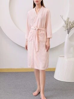 Women's Bathrobe Pure Color Simple Casual Comfort Home Daily Bed Polyester Breathable V Wire Long Sleeve Fall Winter -Ladies Pajamas Store aegscn1694164344257