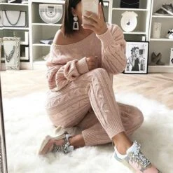 Women's Loungewear Sweatsuit Sets 2 Pieces Pure Color Warm Fashion Sport Home Street Airport Knit Off Shoulder Long Sleeve Sweater Pant Fall Winter Lotus Pink Black -Ladies Pajamas Store aegxkx1665646633278