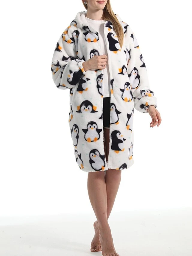 Women's Robe Penguin Plush Casual Comfort Home Daily Bed Flannel Warm Breathable Hoodie Long Sleeve Pocket Fall Winter White 4 Women's Robe Penguin Plush Casual Comfort Home Daily Bed Flannel Warm Breathable Hoodie Long Sleeve Pocket Fall Winter White - Image 2
