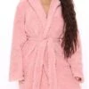 Women's Plush Bathrobe Pajamas Pure Color Warm Plush Casual Home Daily Bed Flannel Warm Hoodie Long Sleeve Belt Included Fall Winter Pink -Ladies Pajamas Store afnclq1695023680814
