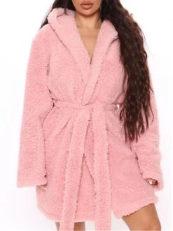 Women's Plush Bathrobe Pajamas Pure Color Warm Plush Casual Home Daily Bed Flannel Warm Hoodie Long Sleeve Belt Included Fall Winter Pink