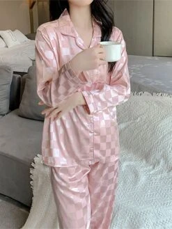 Women's Satin Silk Lounge Sets 2 Pieces Grid / Plaid Fashion Casual Comfort Street Daily Date Silk Breathable Lapel Long Sleeve Pant Button Pocket Summer Fall Black White -Ladies Pajamas Store afvlls1689581324907