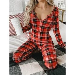 Women's Xmas Onesie Pajama Letter Elk Casual Comfort Soft ChristmasBreathable V Wire Long Sleeve Fall Winter -Ladies Pajamas Store ageuzv1695281836735