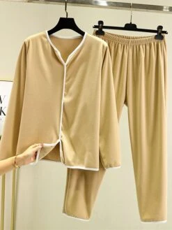 Women's Pajamas Sets Patchwork Warm Fashion Plush Home Daily Bed Cotton Warm Breathable V Wire Long Sleeve Shirt Pant Button Fall Winter Korean Fans Yellow -Ladies Pajamas Store agobox1695281887983