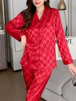 Women's Satin Silk Lounge Sets 2 Pieces Grid / Plaid Fashion Casual Comfort Street Daily Date Silk Breathable Lapel Long Sleeve Pant Button Pocket Summer Fall Black White -Ladies Pajamas Store ajenzl1689581320548