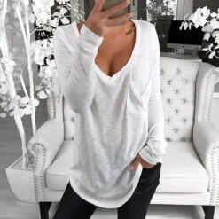 Women's Plus Size Loungewear Top Nighty Pure Color Basic Simple Comfort Home Daily Cotton V Wire Long Sleeve Pocket Spring Fall White Black