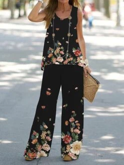 Women's Petite Sets 2 Pieces Flower Casual Comfort Street Daily Polyester Breathable Crew Neck Sleeveless Pant Summer Spring Black White -Ladies Pajamas Store alsyul1686903471836