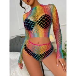 Women's Sexy Bodies Sets Rainbow Lovers Hot Comfort Bed Valentine's Day Nylon Breathable Stand Collar Long Sleeve Crop Top Summer Spring Rainbow -Ladies Pajamas Store alytym1681464448980