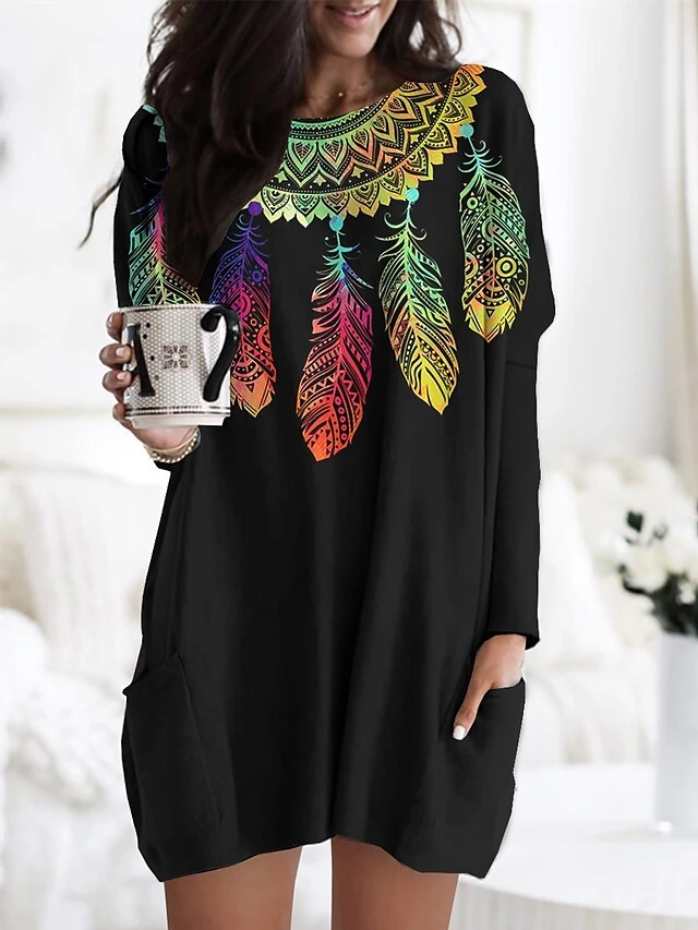 Women's Nightgown Gradient Fashion Comfort Home Daily Polyester Crew Neck Long Sleeve Pocket Fall Winter Black White 3 Women's Nightgown Gradient Fashion Comfort Home Daily Polyester Crew Neck Long Sleeve Pocket Fall Winter Black White