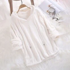 Women's Plus Size Loungewear Top Pure Color Warm Simple Plush Home Daily Vacation Fleece Hoodie Long Sleeve Fall Winter Black White -Ladies Pajamas Store aobofa1634203427500