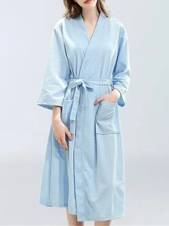 Women's Pajamas Robes Gown Pure Color Simple Soft Wedding Party Polyester Stand Collar Long Sleeve Pocket Fall Winter Light Blue White -Ladies Pajamas Store aoddgp1692182982706