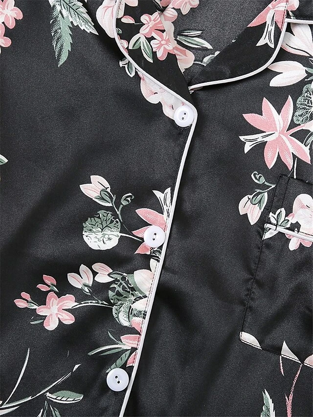 Women's Pajamas Sets Flower Fashion Comfort Soft Home Daily Bed Satin Breathable Lapel Long Sleeve Shirt Pant Button Pocket Fall Winter Black Gray 12 Women's Pajamas Sets Flower Fashion Comfort Soft Home Daily Bed Satin Breathable Lapel Long Sleeve Shirt Pant Button Pocket Fall Winter Black Gray - Image 10