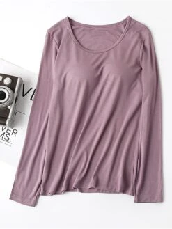 Women's Pink Pajama Top With Chest Pads Loungewear Top Pure Color Fashion Casual Comfort Street Daily Bed Modal Breathable Crew Neck Long Sleeve Fall Winter Black White -Ladies Pajamas Store apcsds1697699935020