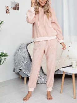 Women's Fleece Lounge Sets 2 Pieces Pure Color Fashion Casual Comfort Street Daily Date Polyester Warm Hoodie Long Sleeve Pant Fall Winter Pink Camel -Ladies Pajamas Store apvnhy1689845866259