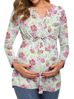 Women's Maternity Tops Pregnancy Shirts Floral Pattern Casual Comfort Pastoral Home Daily Vacation Cotton Breathable V Wire Long Sleeve Fall Winter White Light Green -Ladies Pajamas Store arcwyw1695281843013
