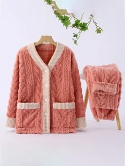 Women's Loungewear Sets 2 Pieces Pure Color Warm Fashion Simple Home Jacquard Fleece Comfort Warm V Wire Pant Button Pocket Fall Winter V-neck Dark Gray V-neck Orange Pink -Ladies Pajamas Store artudl1692957444204