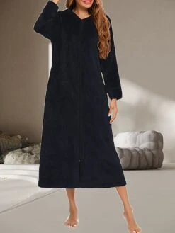 Women's Warm Bathrobe Robes Gown Pure Color Simple Casual Comfort Home Daily Bed Polyester Breathable Hoodie Long Sleeve Pocket Fall Winter Black Wine -Ladies Pajamas Store asnszr1689581337664
