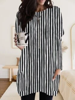 Women's Nightgown Stripe Fashion Comfort Home Daily Polyester Crew Neck Long Sleeve Pocket Fall Winter Black White -Ladies Pajamas Store aueiqs1692861952613