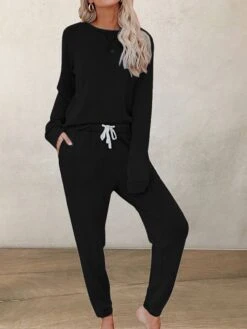 Women's Loungewear Sets Pure Color Sport Casual Comfort Home Street Daily Polyester Breathable Crew Neck Long Sleeve T Shirt Tee Pant Pocket Fall Winter Black Blue -Ladies Pajamas Store aukrsj1697074757067