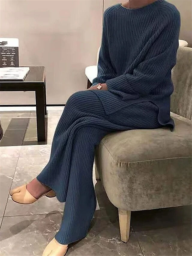 Women's Pajamas Sets Pure Color Fashion Casual Soft Home Daily Bed Knit Breathable Crew Neck Long Sleeve Pant Fall Winter Black Blue 3 Women's Pajamas Sets Pure Color Fashion Casual Soft Home Daily Bed Knit Breathable Crew Neck Long Sleeve Pant Fall Winter Black Blue