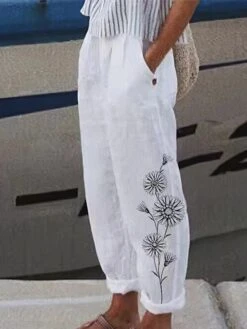 Women's Plus Size Loungewear Bottom Nighty Flower Simple Comfort Home Street Vacation Cotton And Linen Breathable Long Pant Elastic Waist Spring Summer White Black