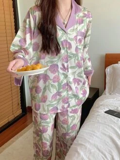 Women's Pajamas Sets Flower Romantic Casual Comfort Home Bed Satin Breathable Lapel Long Sleeve Shirt Pant Button Pocket Fall Winter Purple -Ladies Pajamas Store balgvu1697161951671