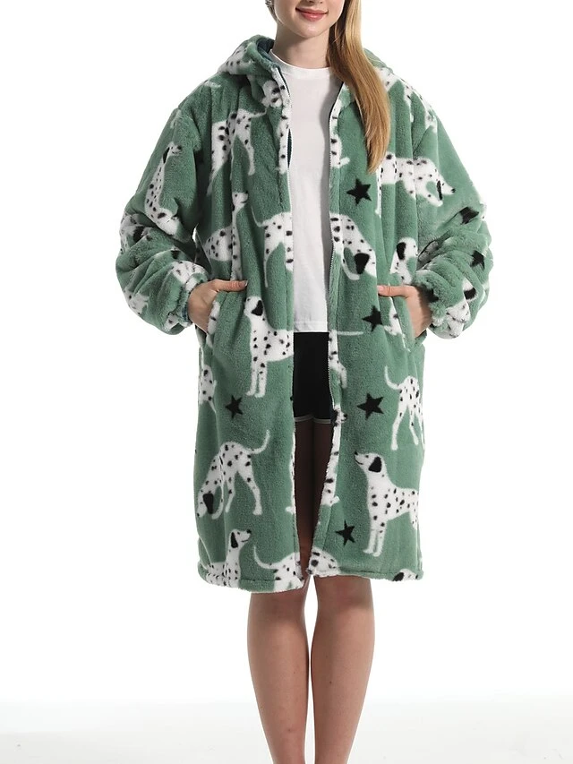 Women's Robe Dog Plush Casual Comfort Home Daily Bed Flannel Warm Breathable Hoodie Long Sleeve Pocket Fall Winter Green 4 Women's Robe Dog Plush Casual Comfort Home Daily Bed Flannel Warm Breathable Hoodie Long Sleeve Pocket Fall Winter Green - Image 2