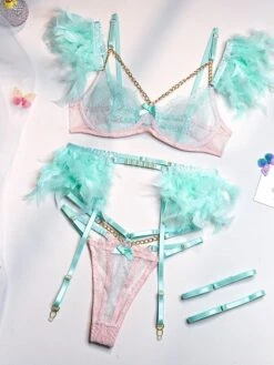 Women's Feather Sexy Lingerie Sets 4 Pieces Pure Color Lovers Hot Home Bed Date Lace Breathable Straps Sleeveless Backless Feather Summer Spring Light Pink White Powder -Ladies Pajamas Store baqyar1695712971229