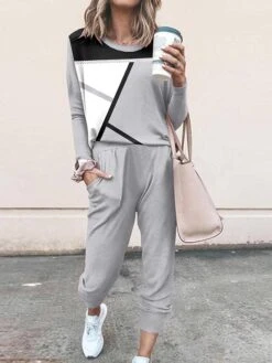 Women's Sets 2 Pieces Geometic Flower Casual Comfort Home Daily Polyester Breathable Crew Neck Long Sleeve Pullover Pant Pocket Fall Winter Light Pink White -Ladies Pajamas Store barbbw1694605739104