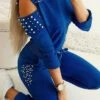 Women's Lounge Sets Beading Long Sleeve Sweatshirt Pure Color Fashion Casual Street Daily Date Cotton Blend Breathable Crew Neck Long Sleeve Pant Pocket Summer Fall Black Blue -Ladies Pajamas Store bbxrzh1689326429097