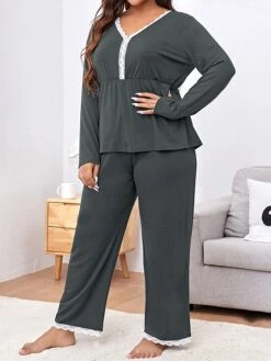 Women's Plus Size Loungewear Sets Patchwork Fashion Comfort Soft Home Daily Bed Polyester Warm Breathable V Wire Long Sleeve Pullover Pant Fall Winter Black Gray -Ladies Pajamas Store bcgeev1693986237204