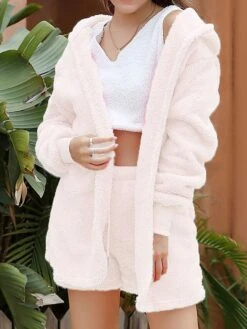 Women's Pajamas Sets Pure Color Warm Fashion Soft Home Daily Bed Polyester Warm Hoodie Long Sleeve Tank Top Shorts Hoodie Fall Winter Deep Purple Off White -Ladies Pajamas Store bdfbpm1692689281145