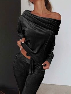 Women‘s Loungewear Sets Winter 2 Pieces Pure Color Comfort Plush Home Street Polyester One Shoulder Long Sleeve Pant Elastic Waist Winter Fall Purple Pink -Ladies Pajamas Store bdkpne1661501494611