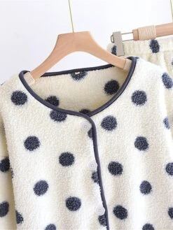 Women's Loungewear Sets Dot Fashion Comfort Soft Home Daily Bed Flannel Warm Breathable Crew Neck Long Sleeve Shirt Pant Button Pocket Fall Winter Black White -Ladies Pajamas Store bhqkiy1692927374402