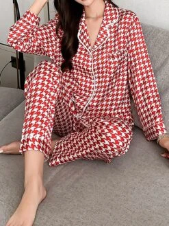 Women's Loungewear Sets Grid / Plaid Fashion Comfort Soft Home Daily Bed Ice Silk Breathable Lapel Long Sleeve Shirt Pant Button Pocket Fall Winter Black Pink -Ladies Pajamas Store bisthe1694766971964
