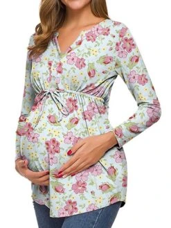 Women's Maternity Tops Pregnancy Shirts Floral Pattern Casual Comfort Pastoral Home Daily Vacation Cotton Breathable V Wire Long Sleeve Fall Winter White Light Green -Ladies Pajamas Store bixtqh1695281847453