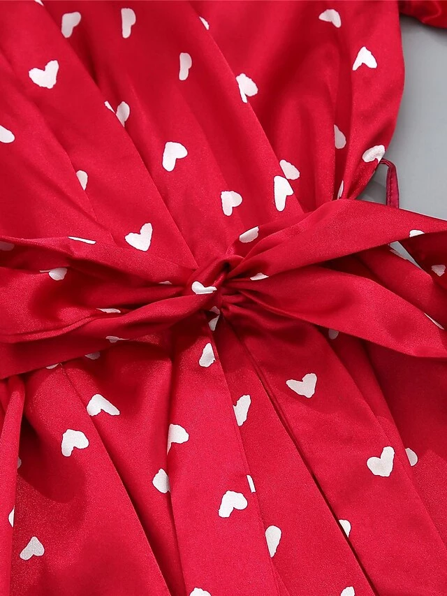 Women's Satin Heart Print Lace PJ Sets 3 Pcs Bathrobe Cami Top And Bow Tie Front Shorts Casual Comfort Soft Home Daily Bed Polyester Breathable Summer Fall White Wine 10 Women's Satin Heart Print Lace PJ Sets 3 Pcs Bathrobe Cami Top And Bow Tie Front Shorts Casual Comfort Soft Home Daily Bed Polyester Breathable Summer Fall White Wine - Image 8