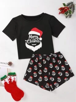 Women's Christmas Lounge Sets Letter Santa Claus Fashion Comfort Soft Home Daily Polyester Breathable Crew Neck Short Sleeve T Shirt Tee Shorts Elastic Waist Fall Winter Black -Ladies Pajamas Store bmhyff1696232029120