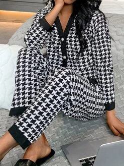 Women's Houndstooth Lounge Sets 2 Pieces Heart Grid / Plaid Fashion Casual Comfort Street Daily Date Polyester Breathable V Wire Long Sleeve Pant Button Pocket Summer Fall Black White
