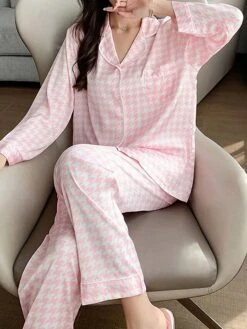 Women's Loungewear Sets Grid / Plaid Fashion Comfort Soft Home Daily Bed Ice Silk Breathable Lapel Long Sleeve Shirt Pant Button Pocket Fall Winter Black Pink -Ladies Pajamas Store bpjamc1694766974549