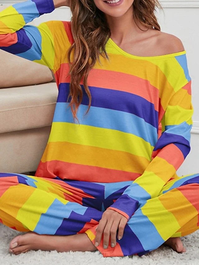 Women's Pajamas Nighty Pjs Sets 2 Pieces Rainbow Stripe Fashion Comfort Soft Home Daily Bed Cotton Breathable V Wire Long Sleeve T Shirt Tee Pant Spring Fall Yellow Blue 15 Women's Pajamas Nighty Pjs Sets 2 Pieces Rainbow Stripe Fashion Comfort Soft Home Daily Bed Cotton Breathable V Wire Long Sleeve T Shirt Tee Pant Spring Fall Yellow Blue - Image 13