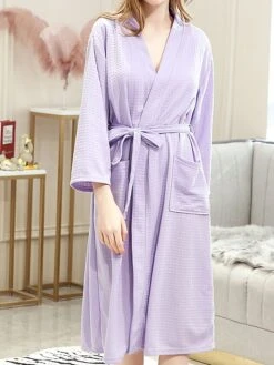 Women's Pajamas Robes Gown Pure Color Simple Soft Wedding Party Polyester Stand Collar Long Sleeve Pocket Fall Winter Light Blue White -Ladies Pajamas Store bsxamx1692182989691