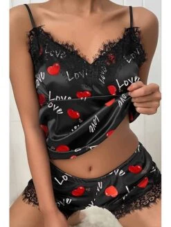 Women's Pajamas Sexy Lingerie Pajama Top And Pant Sets Leopard Heart Simple Casual Soft Home Daily Bed Lace Breathable Straps Sleeveless Strap Top Shorts Elastic Waist Summer Spring Black Wine -Ladies Pajamas Store btgcyf1680776813041